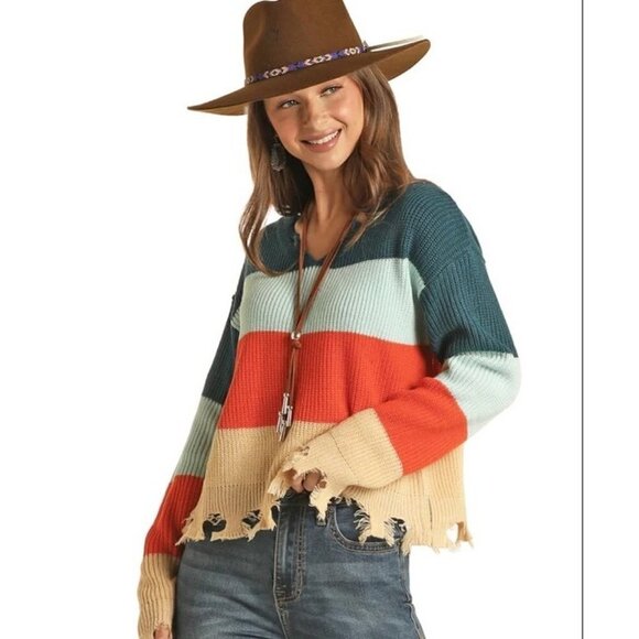 Rock & Roll Cowgirl Sweaters - Rock & Roll Denim Women's XL Long Sleeve Colorblock Distressed Hem Sweater